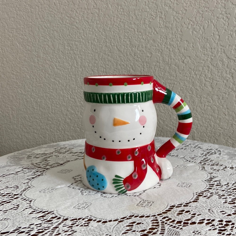 4 Pier 1 Imports Snowman Mugs. Hand Painted Dolomite. 5 1/2” Tall. Brand New